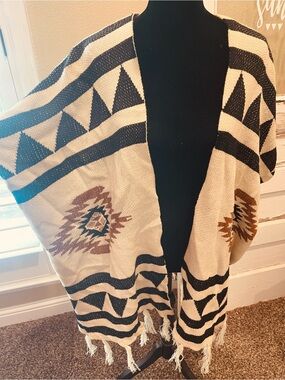 debut Cream and Black Southwestern Fringe Open Cardigan